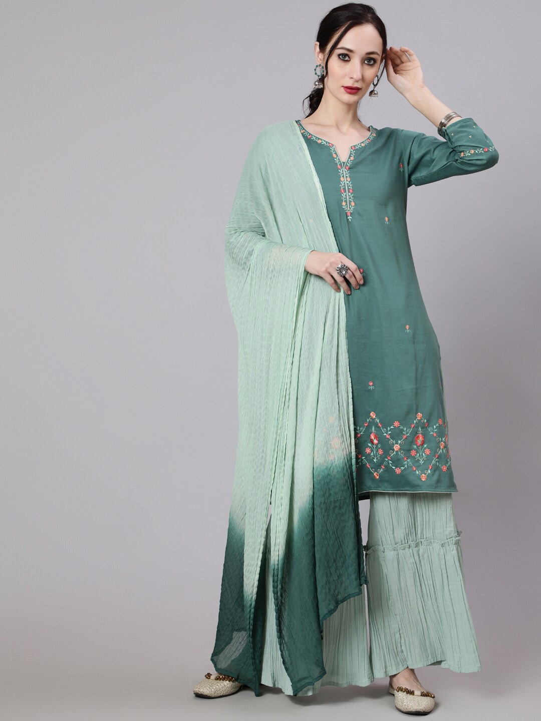 

AKS Couture Embroidered Thread Work Kurta with Sharara & With Dupatta, Green