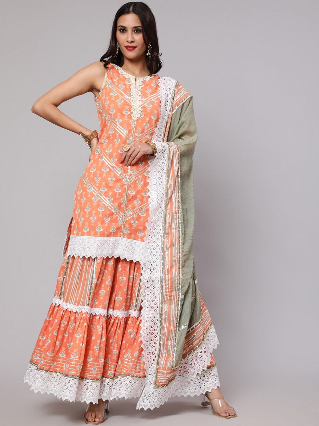 

AKS Couture Ethnic Motifs Printed Pure Cotton Kurta with Sharara & With Dupatta, Peach