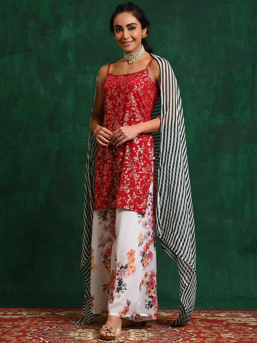 

AKS Floral Printed Shoulder Straps Kurta with Palazzos & Dupatta, Red