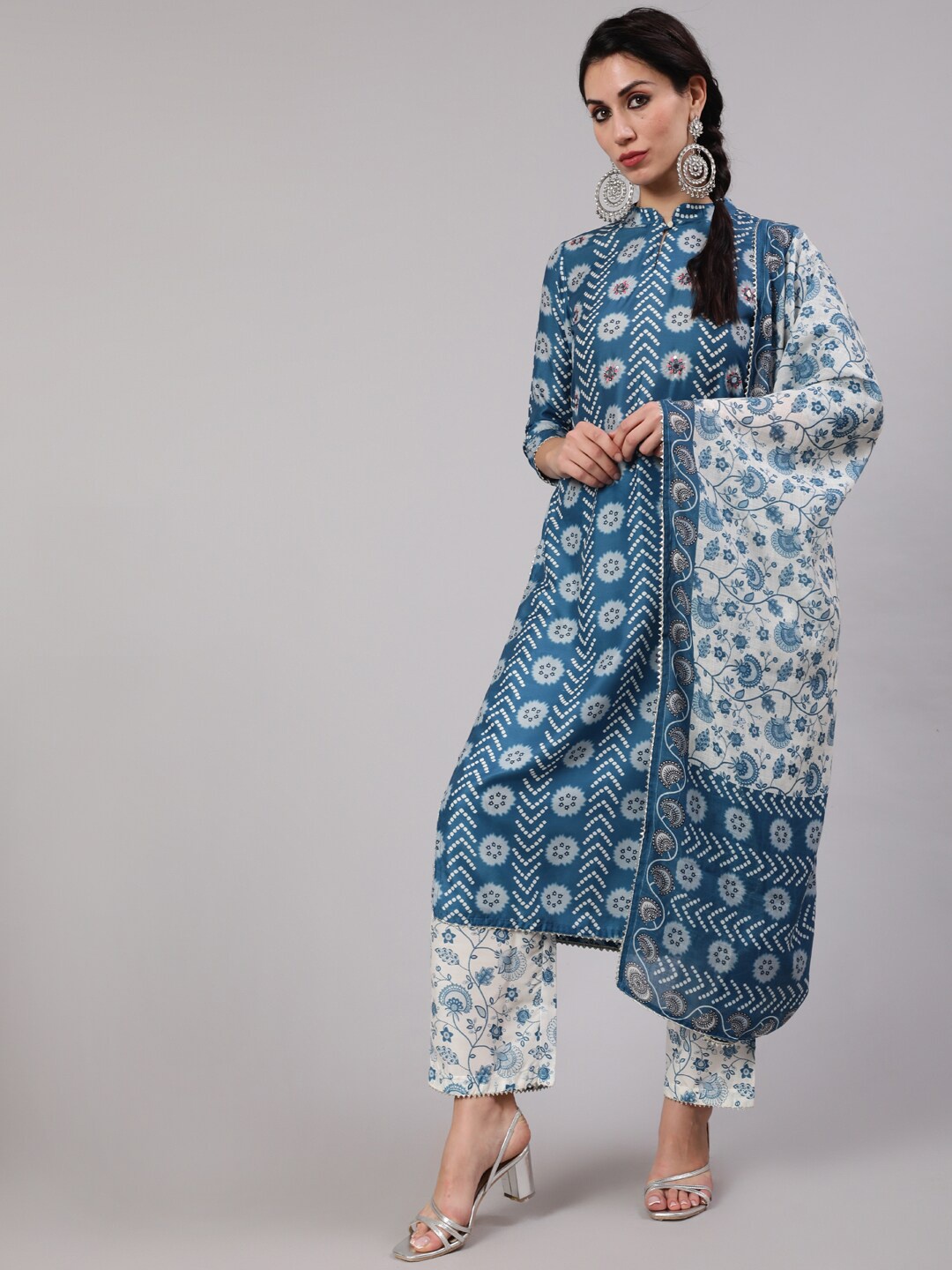 

AKS Floral Printed Mandarin Collar Kurta with Trousers & With Dupatta, Blue