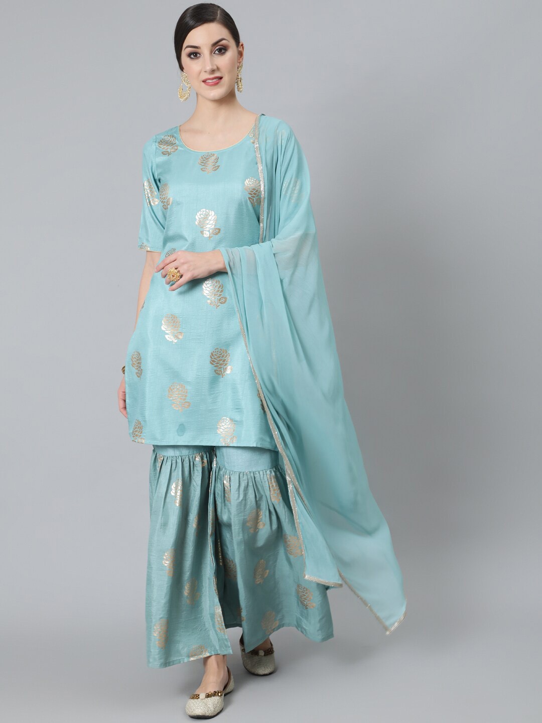

AKS Floral Printed Kurta with Sharara & With Dupatta, Blue