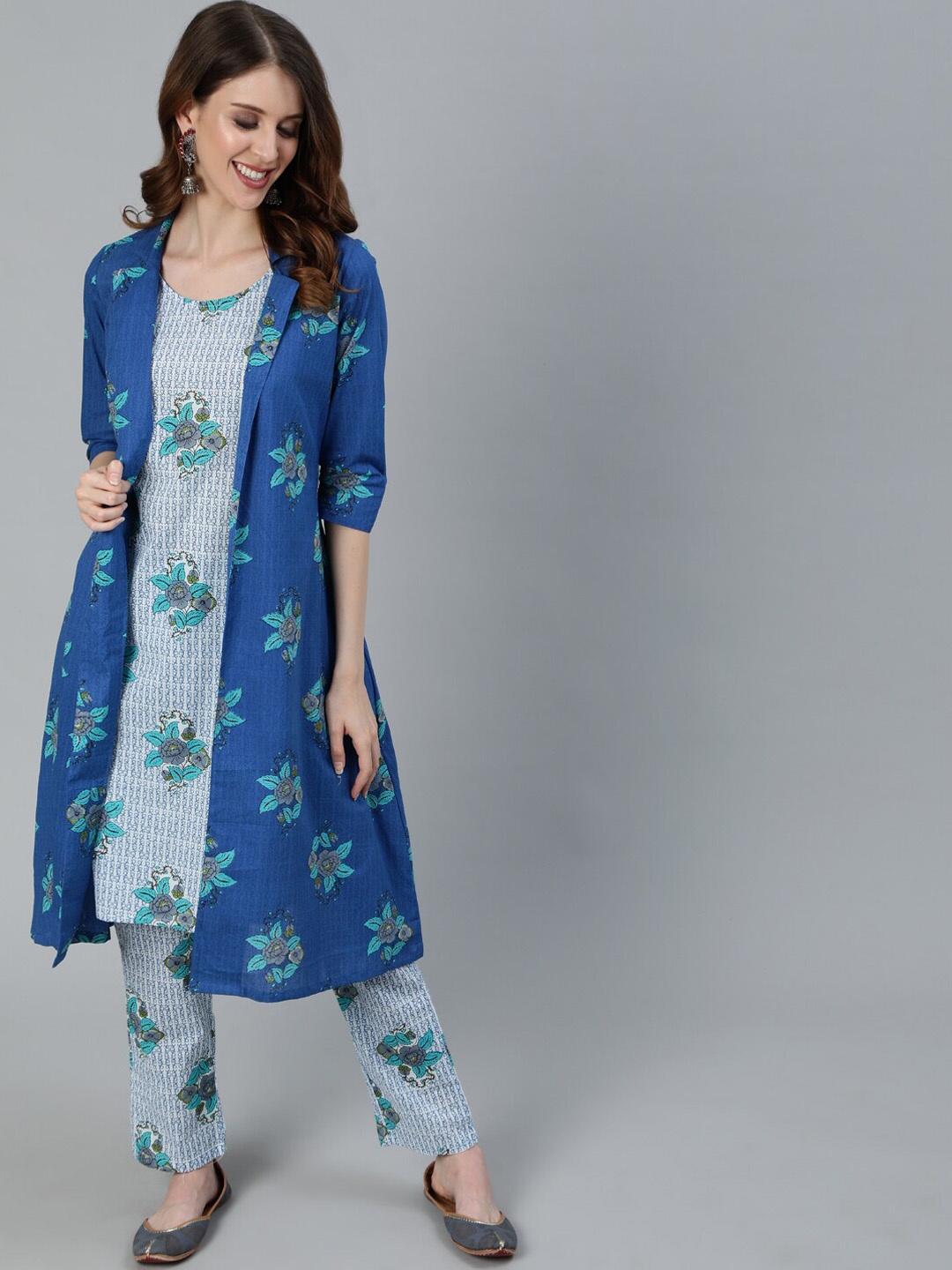 

AKS Floral Printed Regular Pure Cotton Kurta with Trousers & Jacket, Blue