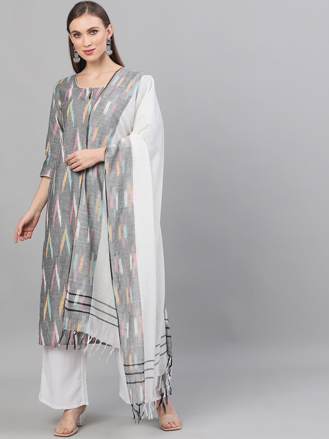 

AKS Abstract Printed Pure Cotton Kurta with Palazzos & With Dupatta, Grey