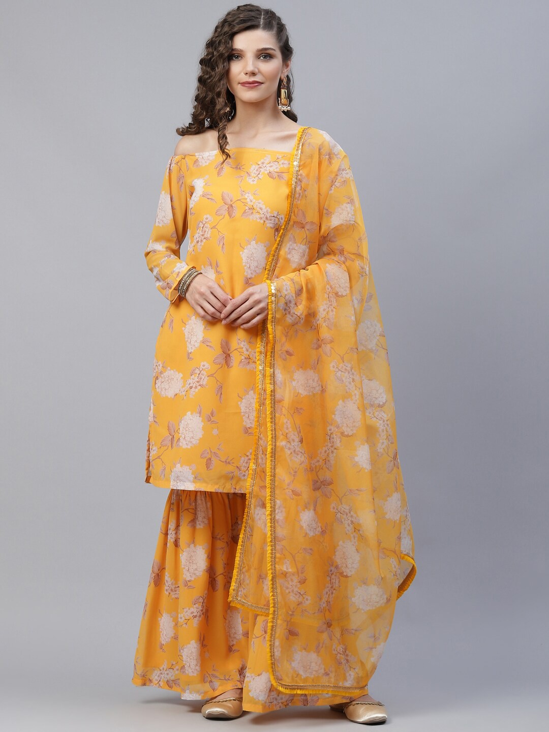 

AKS Floral Printed Off-Shoulder Georgette Kurta with Sharara & With Dupatta, Yellow