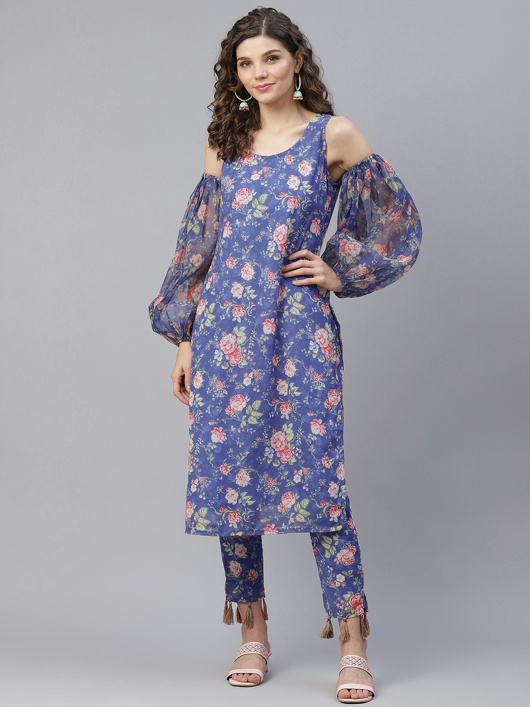

AKS Floral Printed Cold-Shoulder Sleeves Kurta with Trousers, Blue