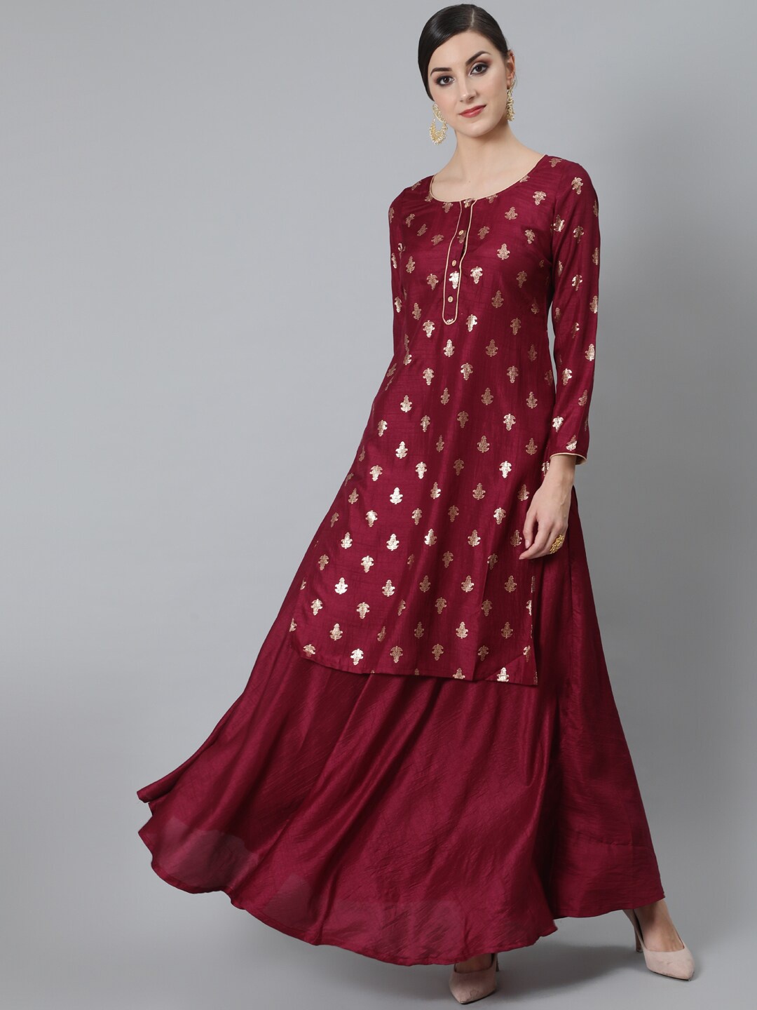 

AKS Ethnic Motifs Printed Kurta With Skirt, Burgundy