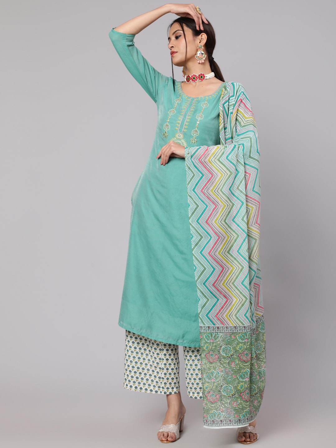 

AKS Ethnic Motifs Embroidered Chanderi Silk Kurta With Palazzos & Dupatta, Green
