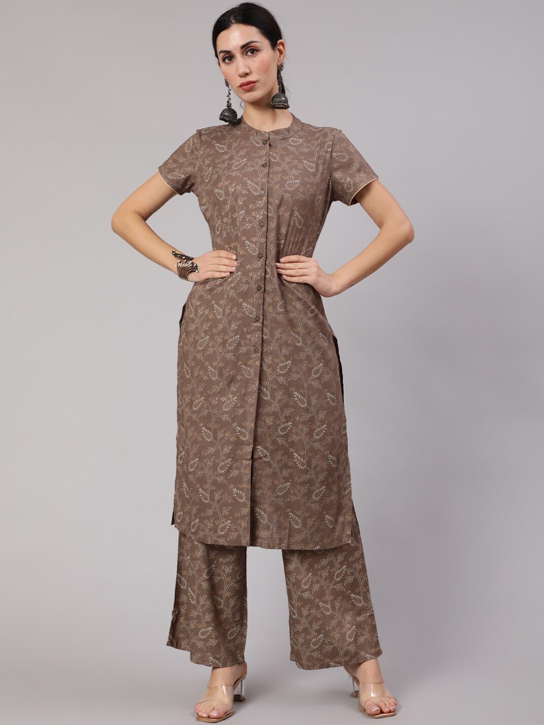 

AKS Floral Printed Kurta With Trousers, Brown