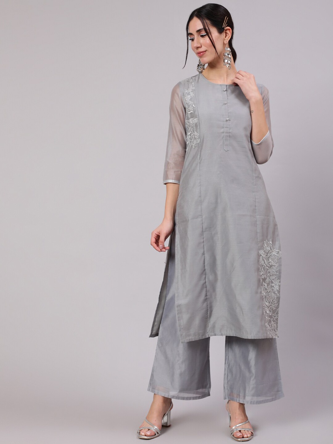 

AKS Embroidered Thread Work Chanderi Silk Kurta With Palazzos, Grey