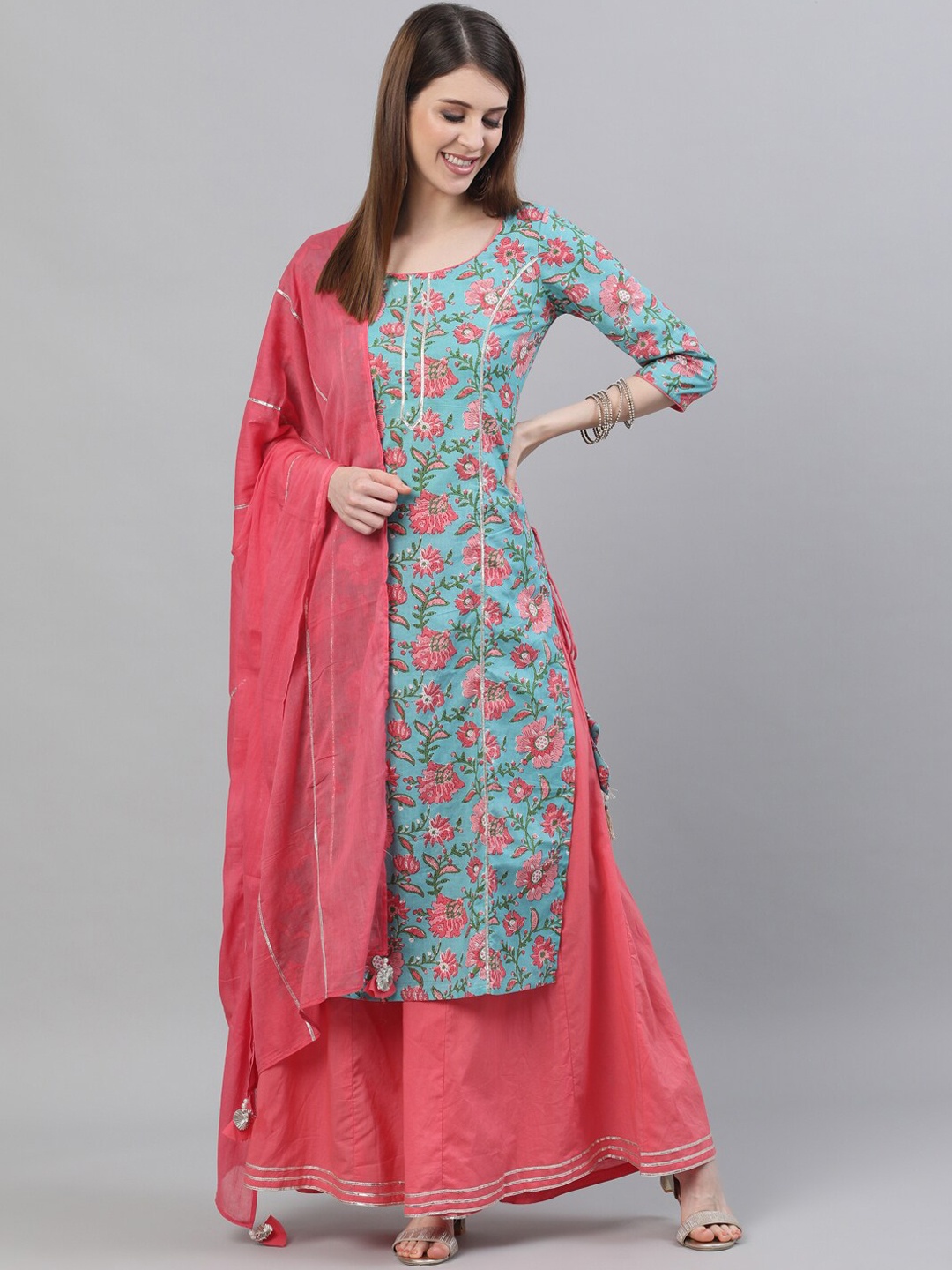 

AKS Floral Printed Pure Cotton Kurta With Palazzos, Blue