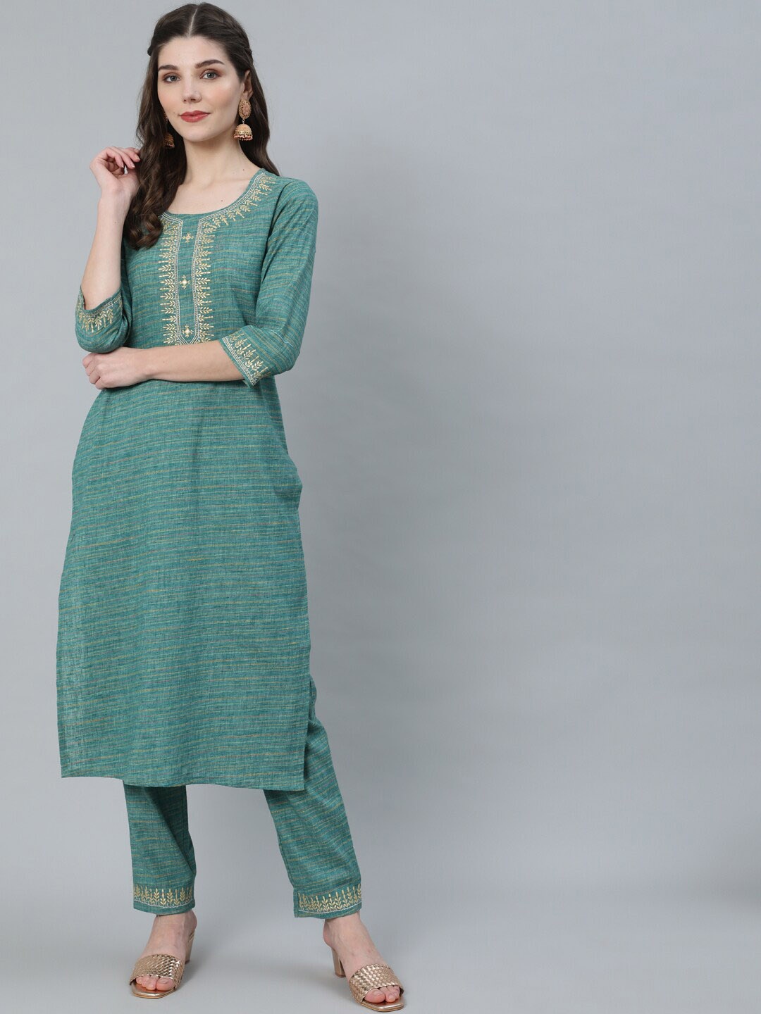 

AKS Floral Embroidered Yoke Design Pure Cotton Kurta With Trousers, Green