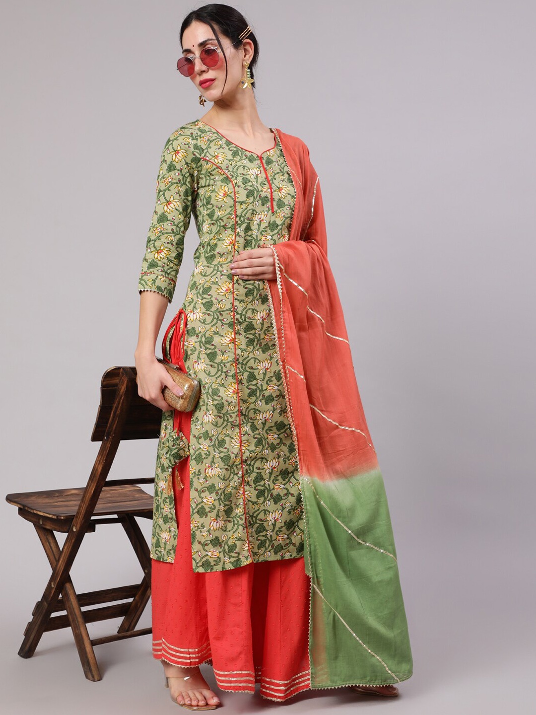 

AKS Floral Printed Gotta Patti Pure Cotton Kurta With Palazzos & Dupatta, Green