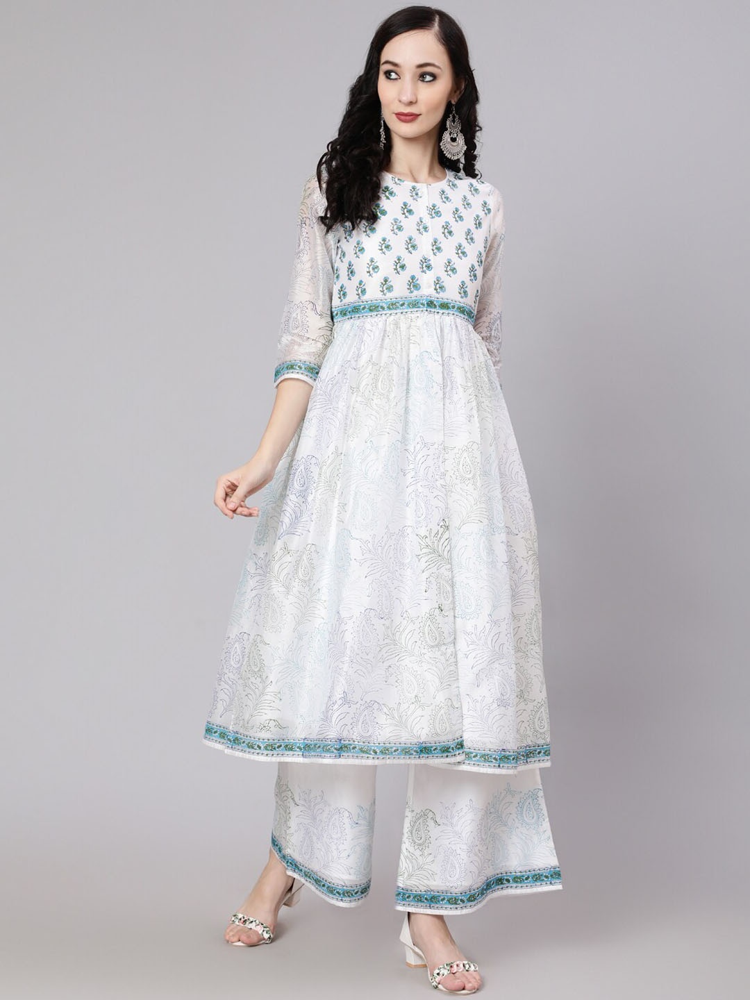 

AKS Floral Printed Chanderi Silk Kurta With Palazzos, White
