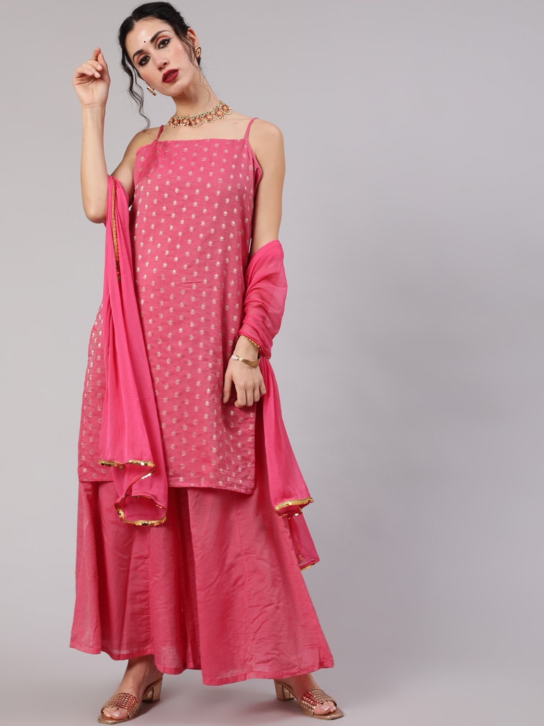 

AKS Ethnic Motifs Woven Design Shoulder Straps Straight Kurta With Palazzos & Dupatta, Pink