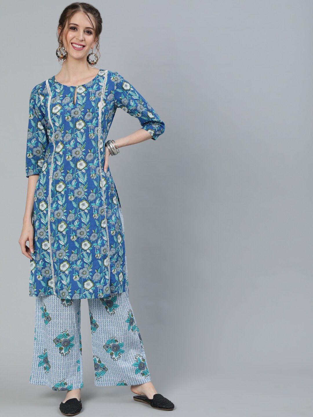 

AKS Floral Printed Keyhole Neck Pure Cotton Kurta With Palazzos, Blue