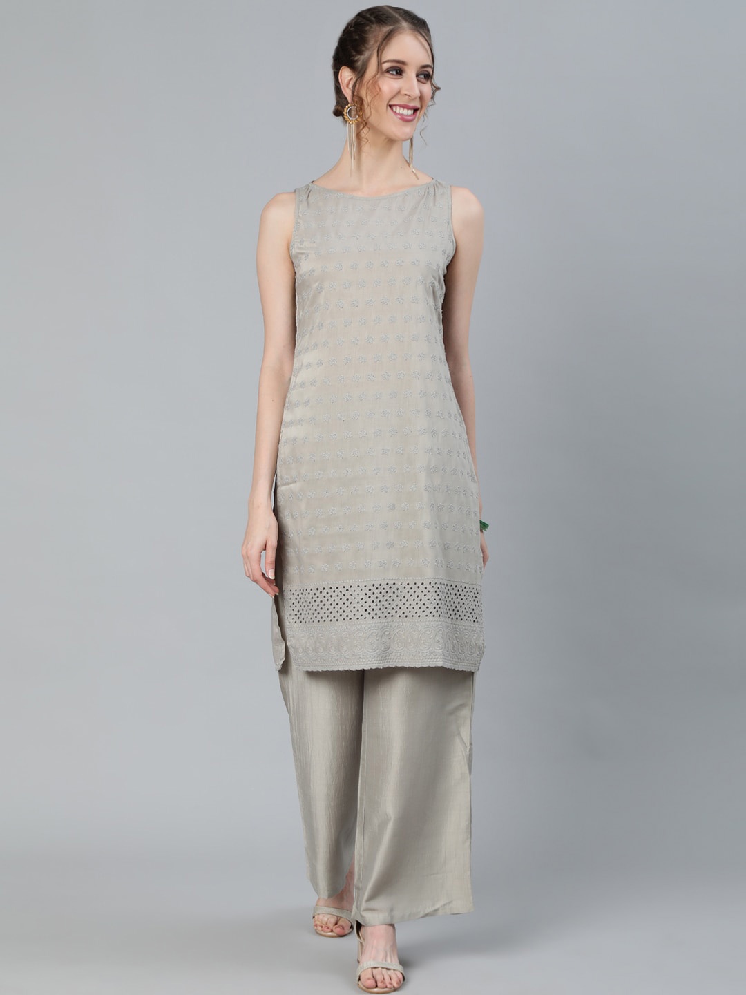 

AKS Floral Embroidered Thread Work Sleeveless Kurta With Palazzos, Grey