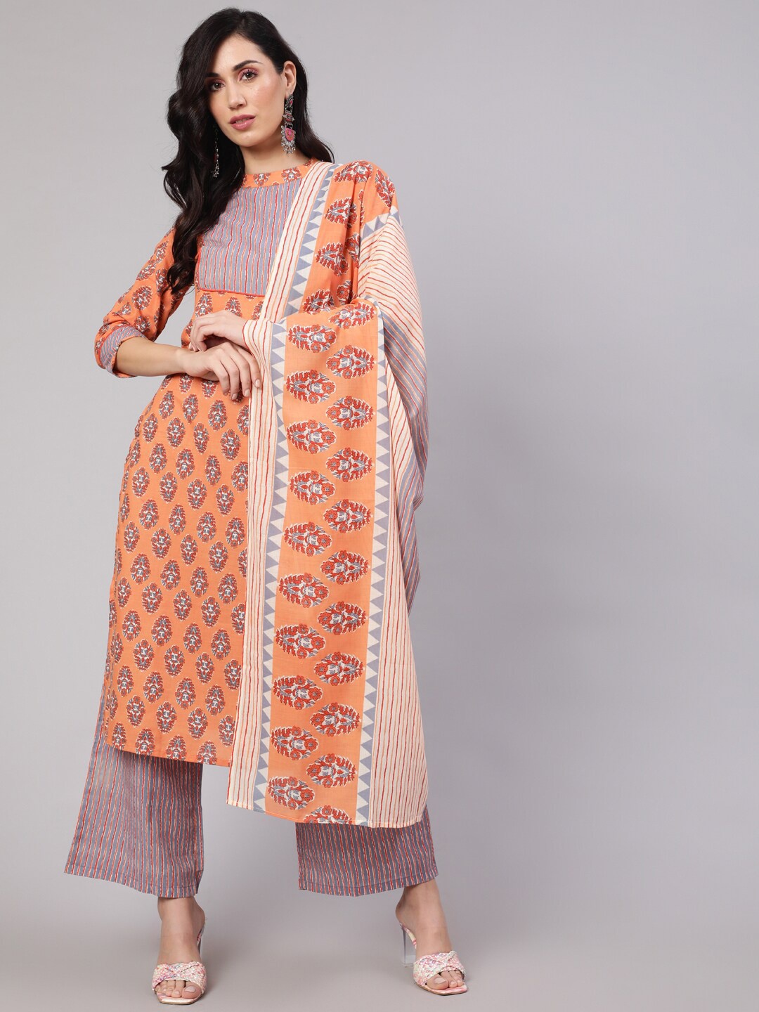 

AKS Ethnic Motifs Printed Pure Cotton Kurta With Palazzos & Dupatta, Peach