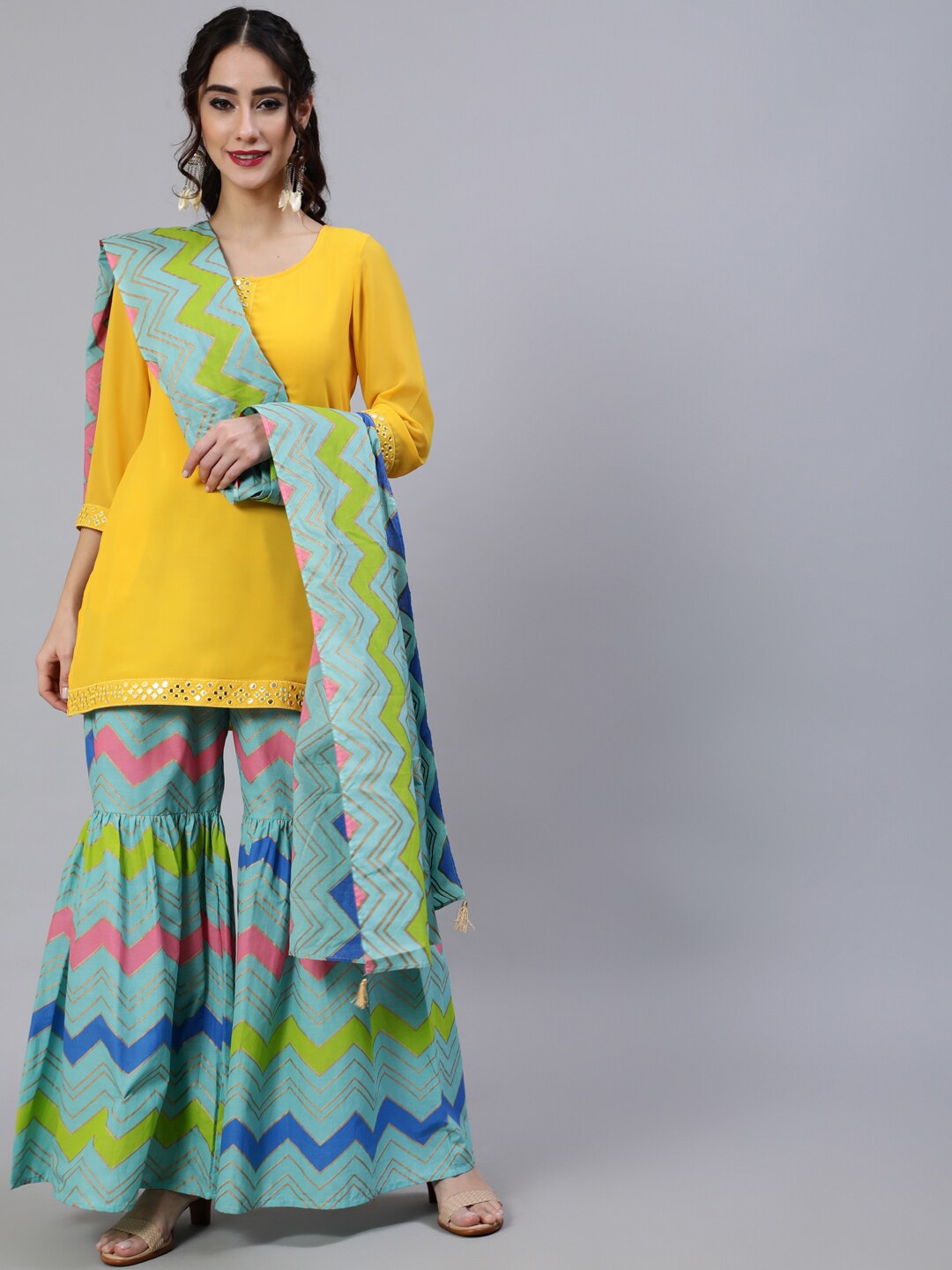 

AKS Leheriya Printed Mirror Work Georgette Straight Kurta With Sharara & Dupatta, Yellow