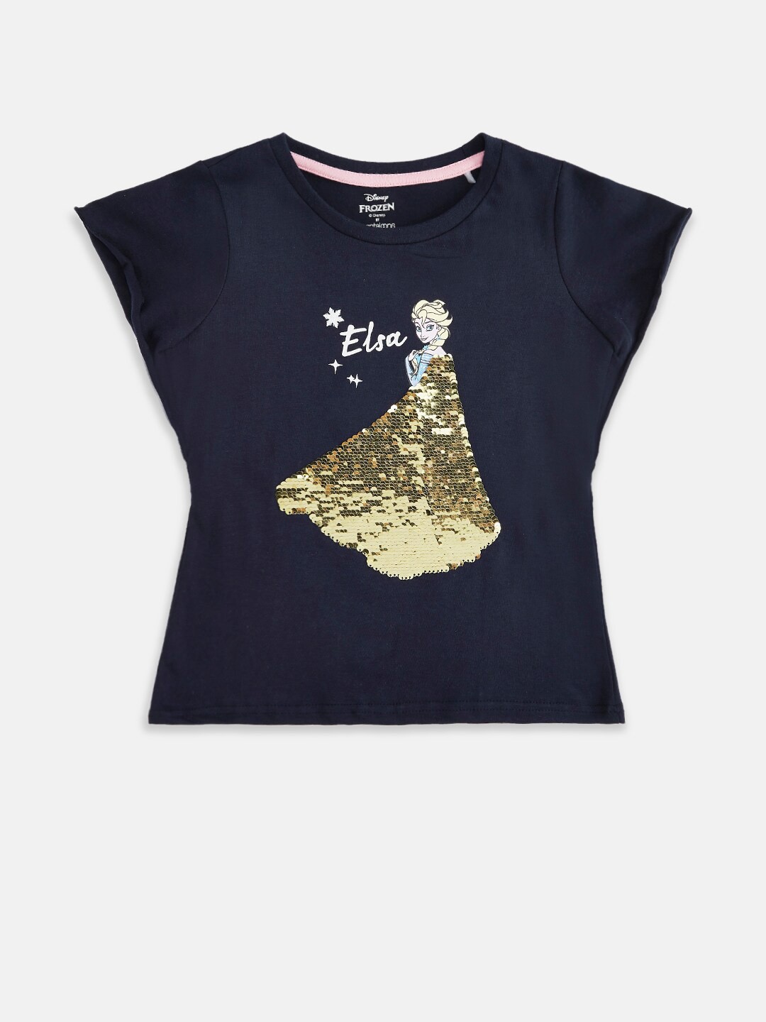 

Pantaloons Junior Girls Elsa Printed Embellished Cotton T-shirt, Navy blue