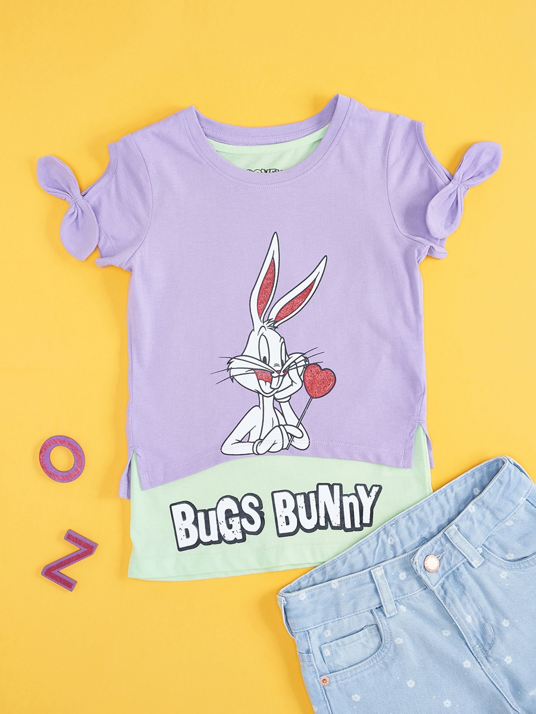 

Pantaloons Junior Girls Bugs Bunny Printed Cap Sleeves Cotton T-shirt, Lavender