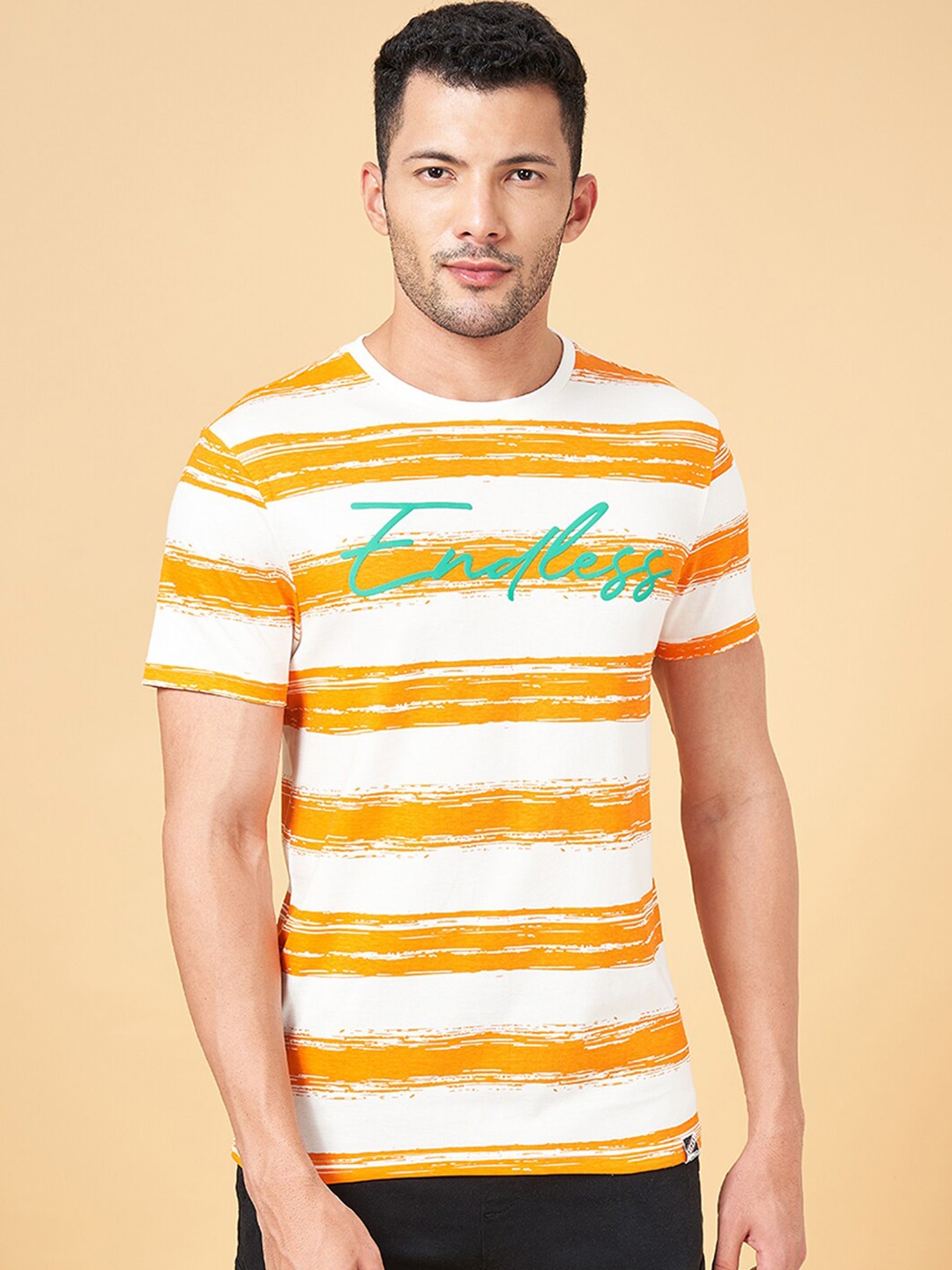 

People Orange Striped Pure Cotton Slim Fit T-shirt