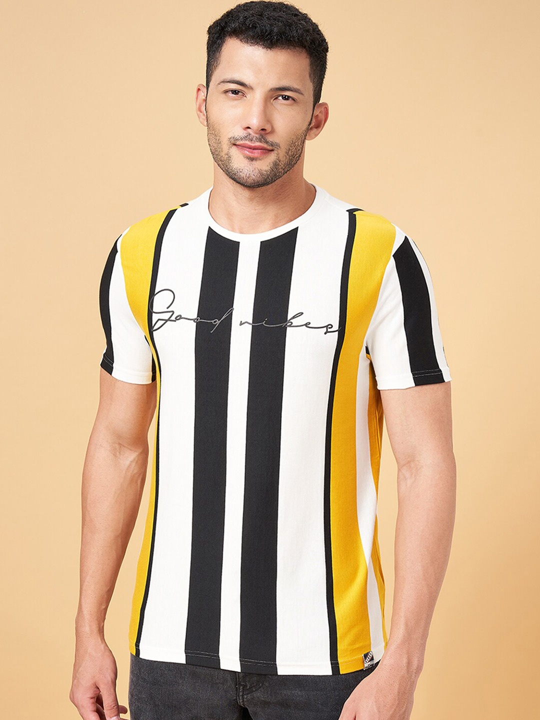 

People Mustard Yellow Vertical Striped Pure Cotton Slim Fit T-shirt