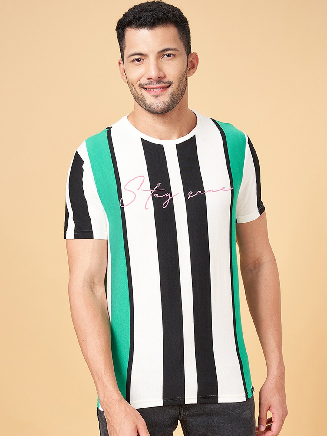 

People Green Striped Pure Cotton Slim Fit T-shirt