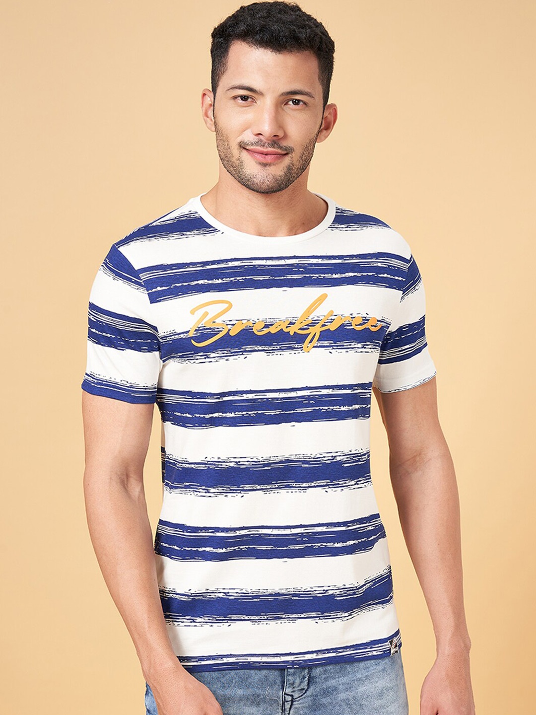 

People Blue Striped Pure Cotton Slim Fit T-shirt