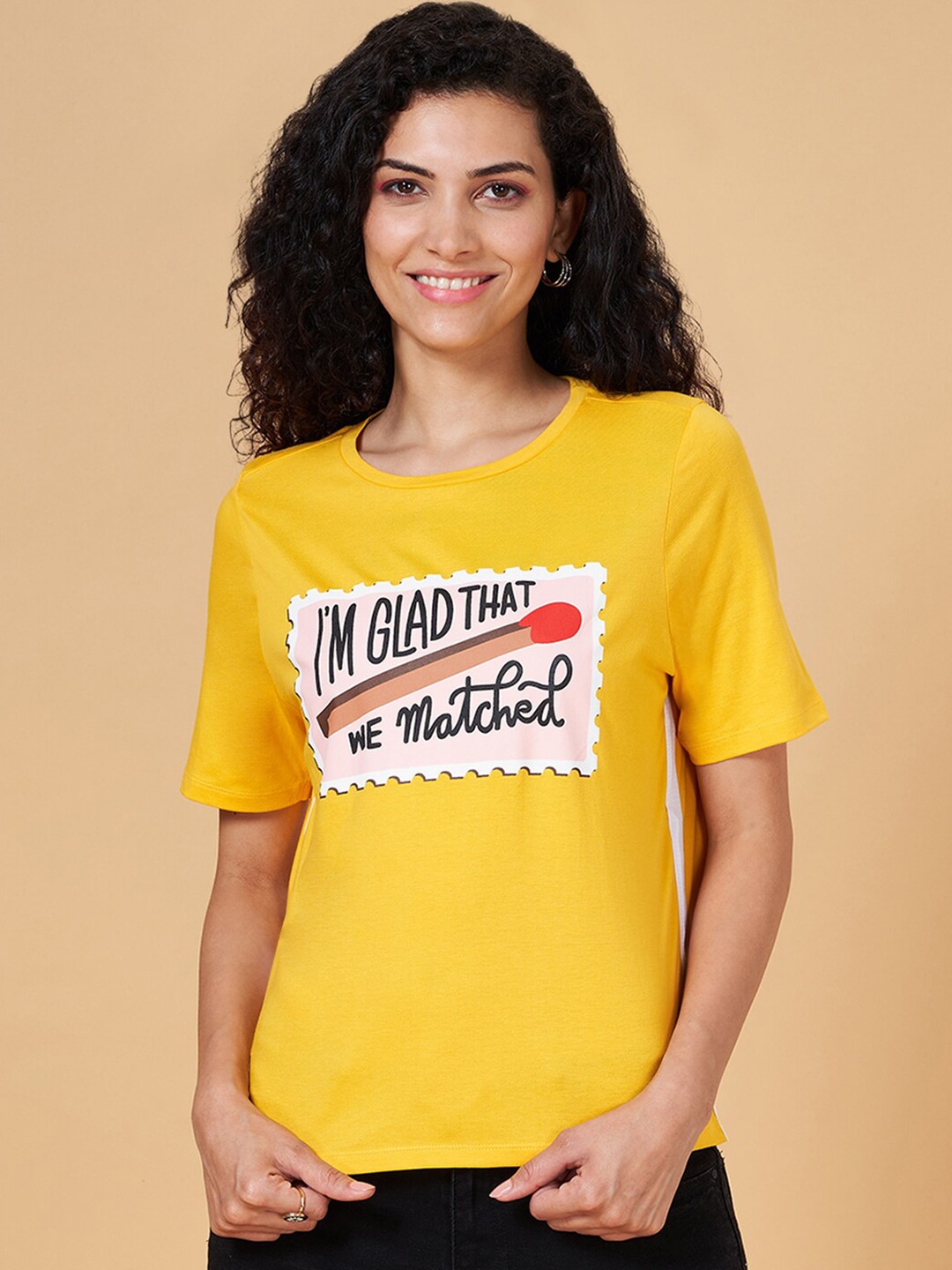 People Yellow Typography Printed Pure Cotton Slim Fit T-shirt