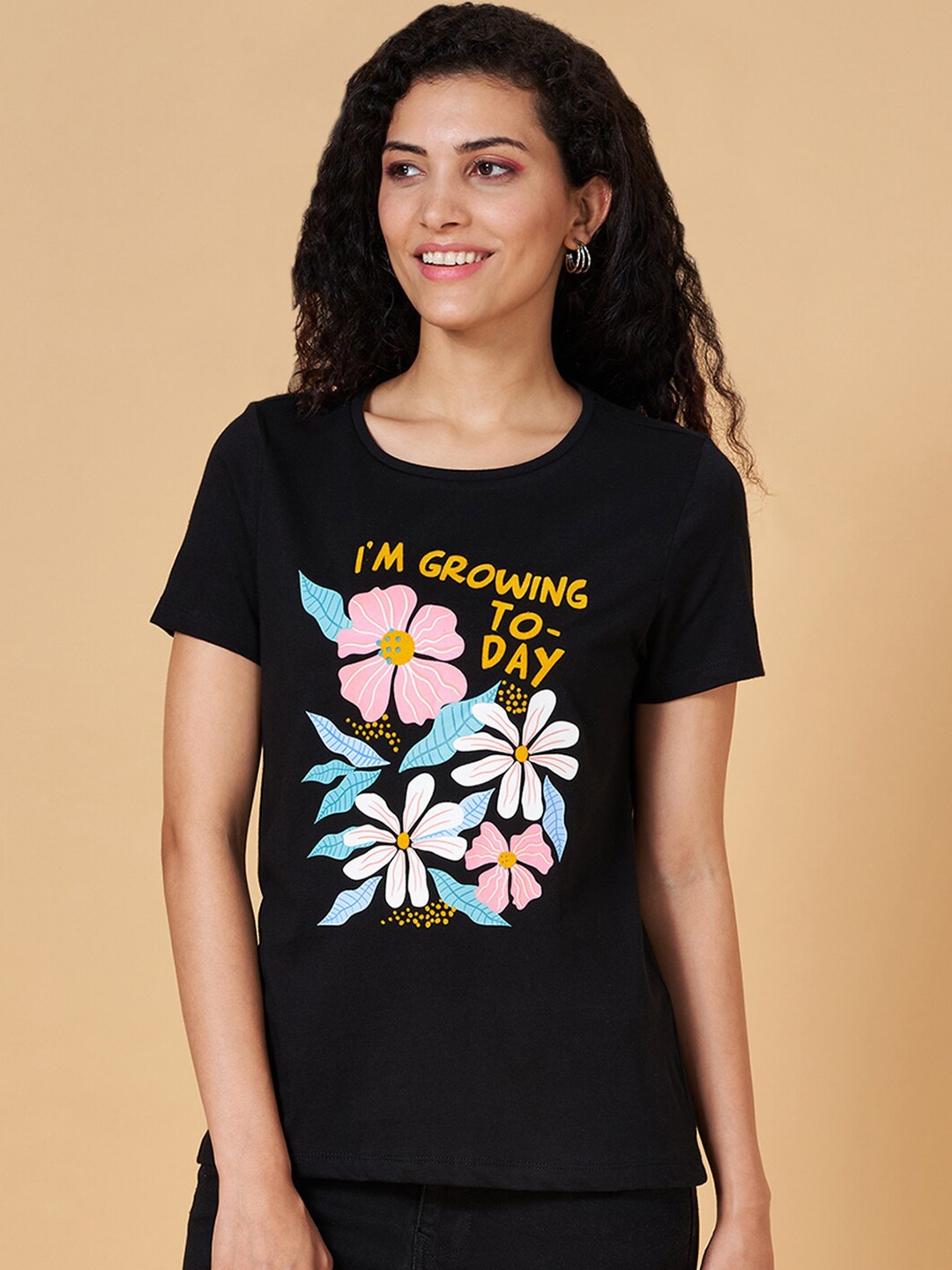 

People Black Floral Printed Pure Cotton Slim Fit T-shirt