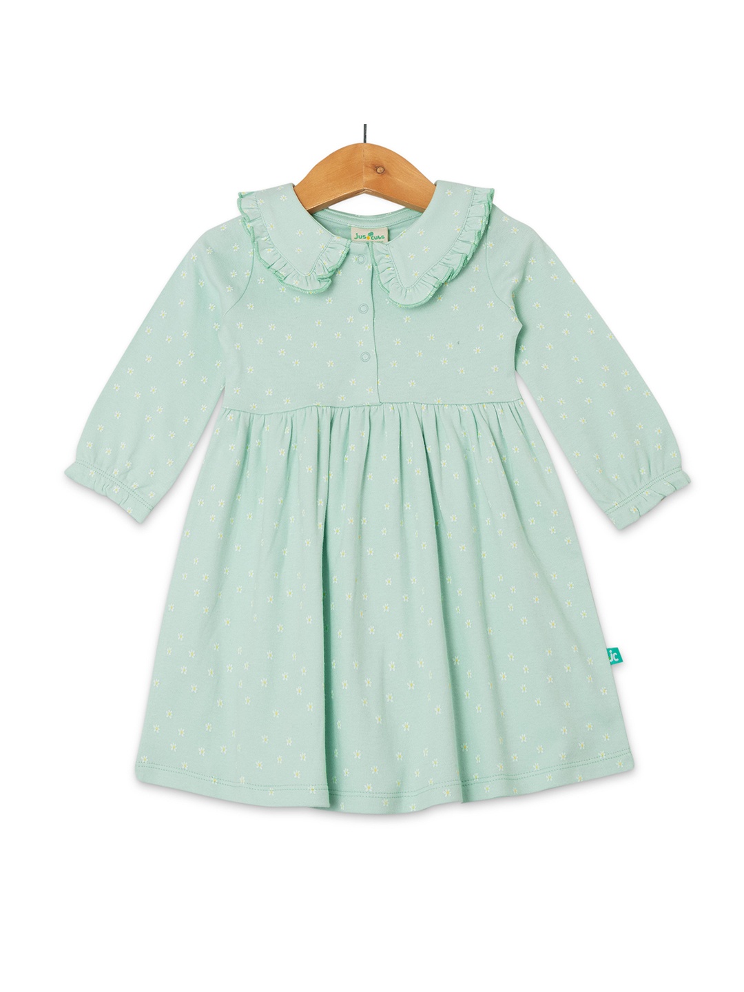 

JusCubs Infants Girls Conversational Printed Peter Pan Collar Cotton Fit & Flare Dress, Green