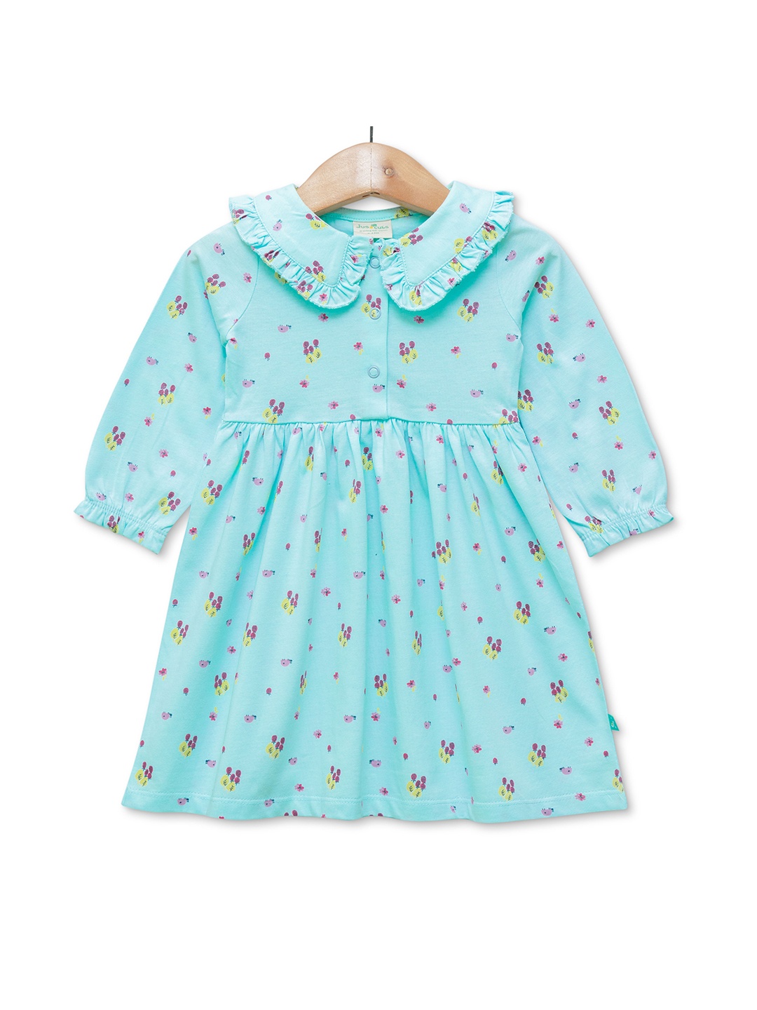

JusCubs Infants Girls Floral Print Peter Pan Collar Puff Sleeves Cotton Fit & Flare Dress, Blue