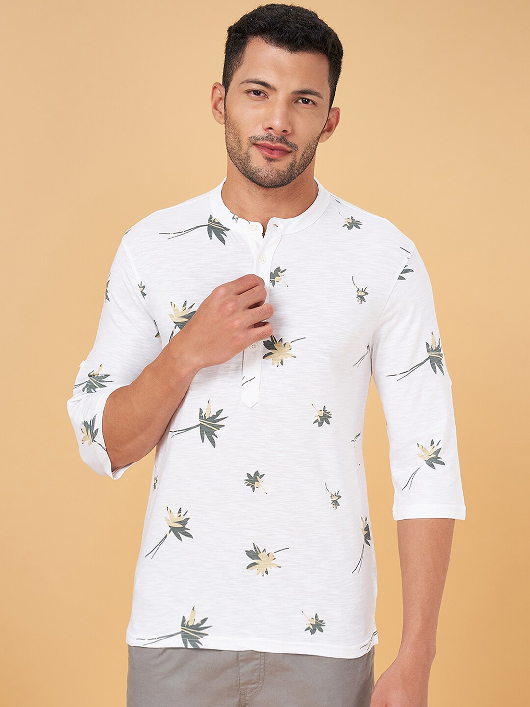 

Urban Ranger by pantaloons Conversational Printed Henley Neck Cotton Slim Fit T-Shirt, White