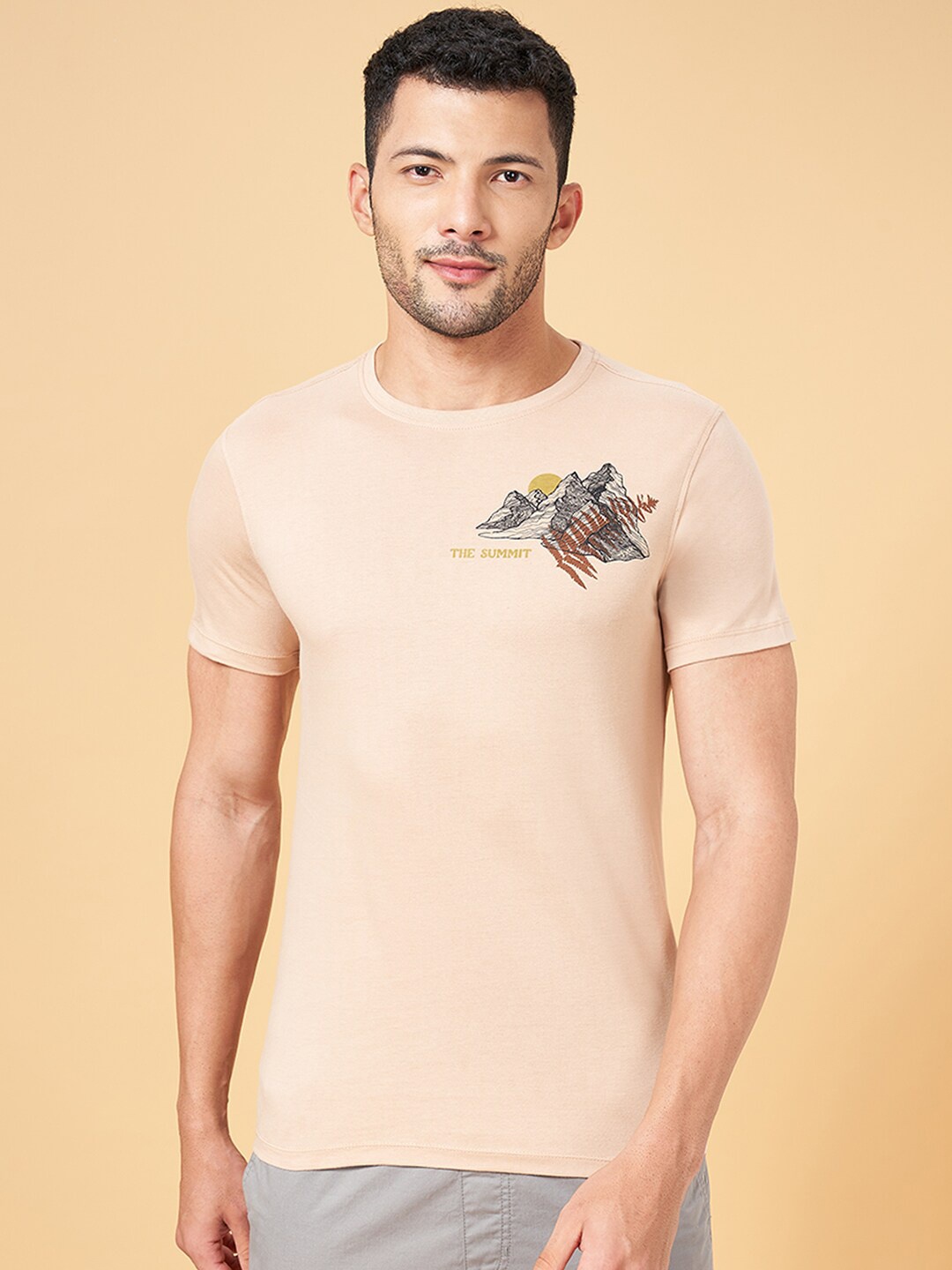 

Urban Ranger by pantaloons Graphic Printed Cotton Slim Fit T-Shirt, Camel brown