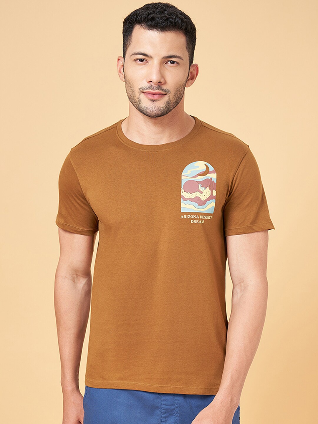 

Urban Ranger by pantaloons Round Neck Cotton Slim Fit T-Shirt, Tan