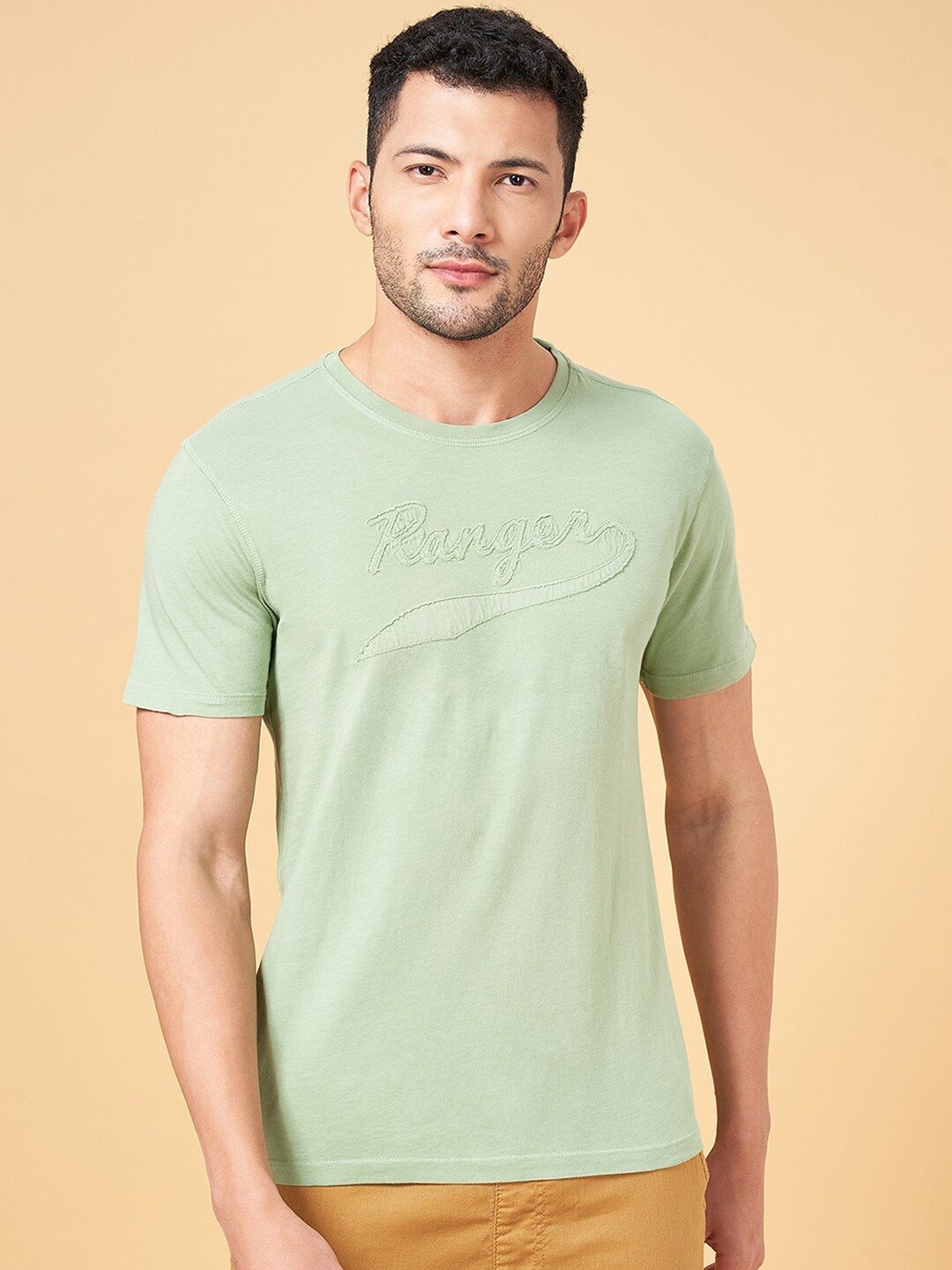

Urban Ranger by pantaloons Typography Printed Cotton Slim Fit T-Shirt, Green