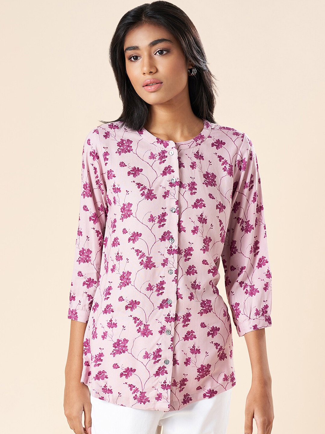 

AKKRITI BY PANTALOONS Floral Printed Mandarin Collar Tunic, Lavender