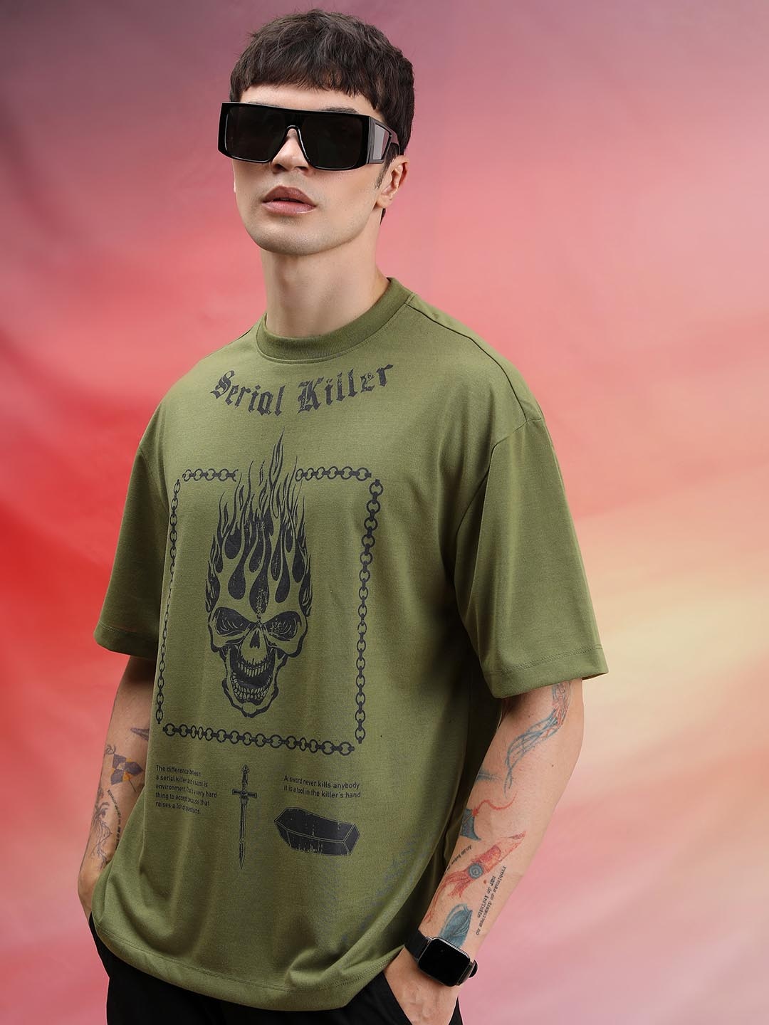 

HIGHLANDER Unisex Graphic Printed Drop-Shoulder Sleeves Oversized T-shirt, Green