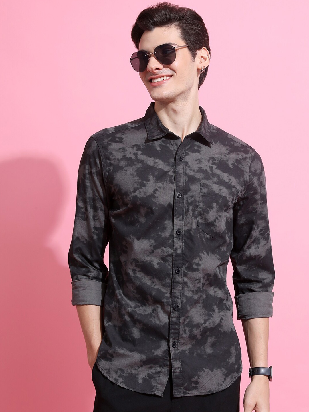 

HIGHLANDER Black Slim Fit Abstract Printed Cotton Casual Shirt