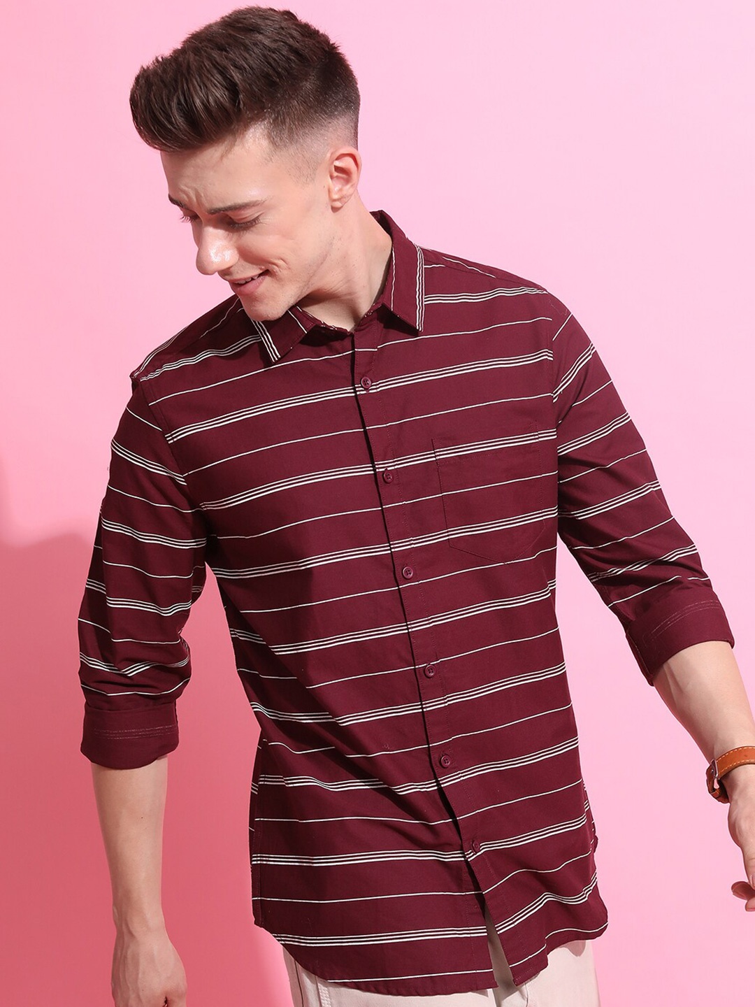 

HIGHLANDER Maroon Slim Fit Horizontal Stripes Cotton Casual Shirt