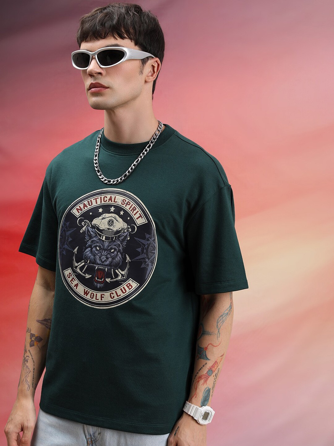 

HIGHLANDER Unisex Graphic Printed Oversized T-shirt, Green