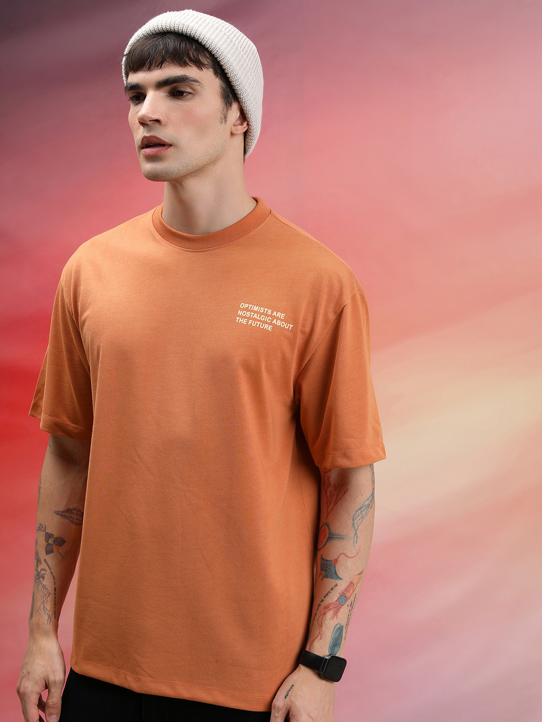 

HIGHLANDER Unisex Typography Printed Drop Shoulder-Sleeves Oversized T-shirt, Camel brown