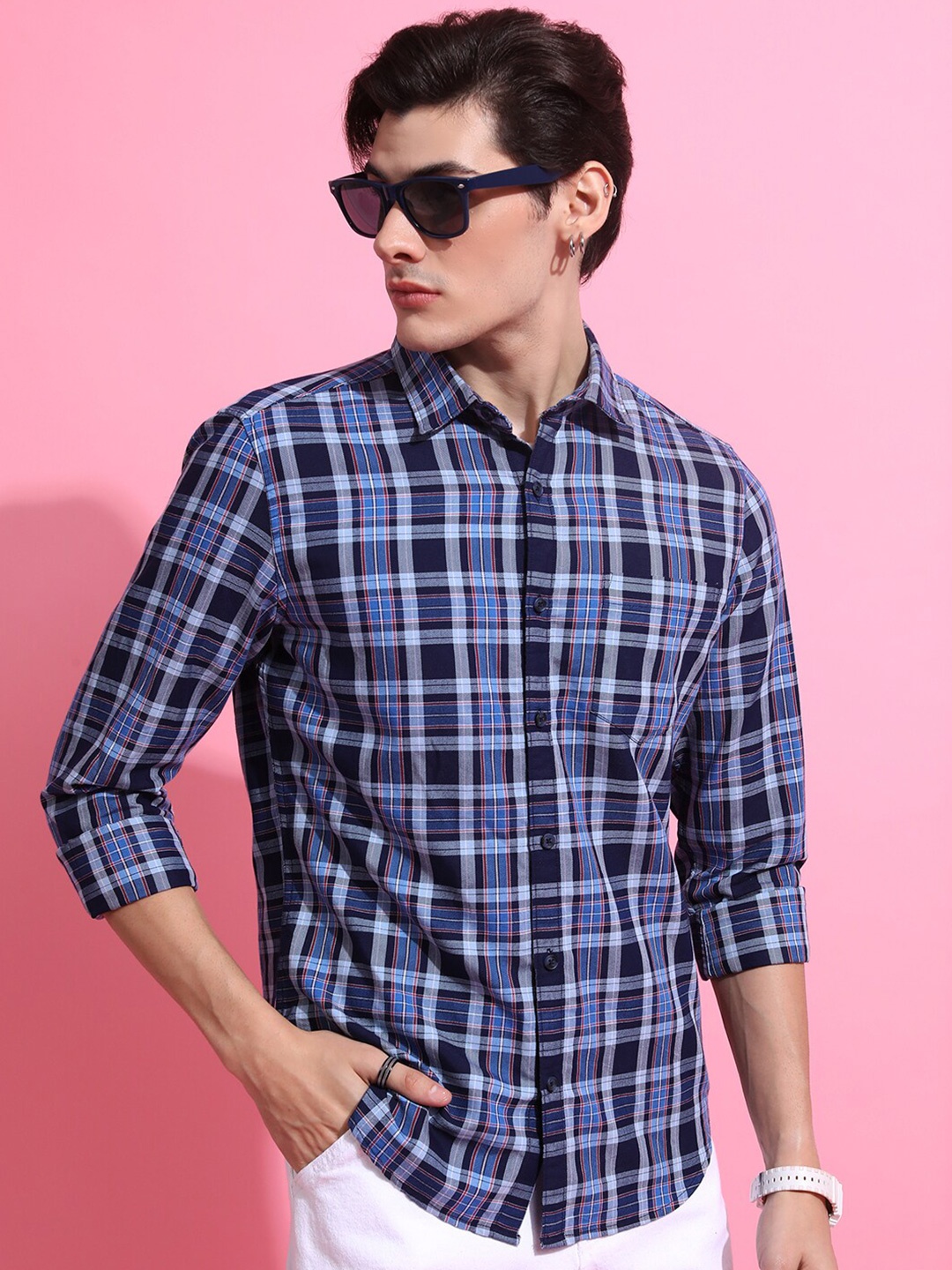 

HIGHLANDER Navy Blue Slim Fit Tartan Checks Cotton Casual Shirt
