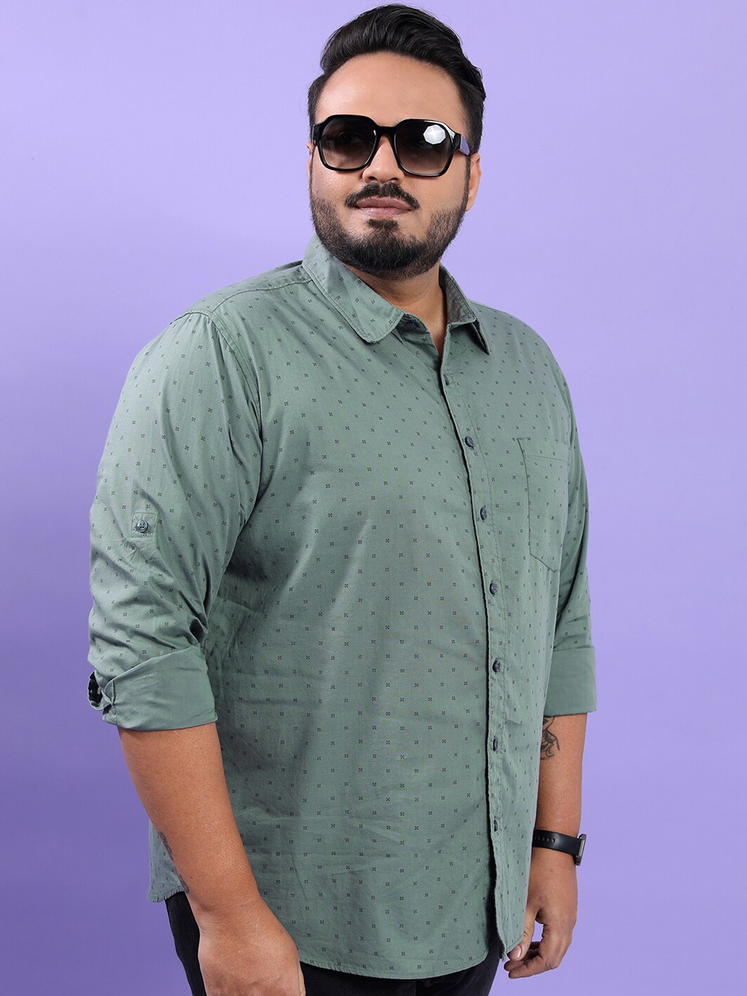 

HIGHLANDER Plus Size Green Micro Ditsy Printed Spread Collar Cotton Casual Shirt
