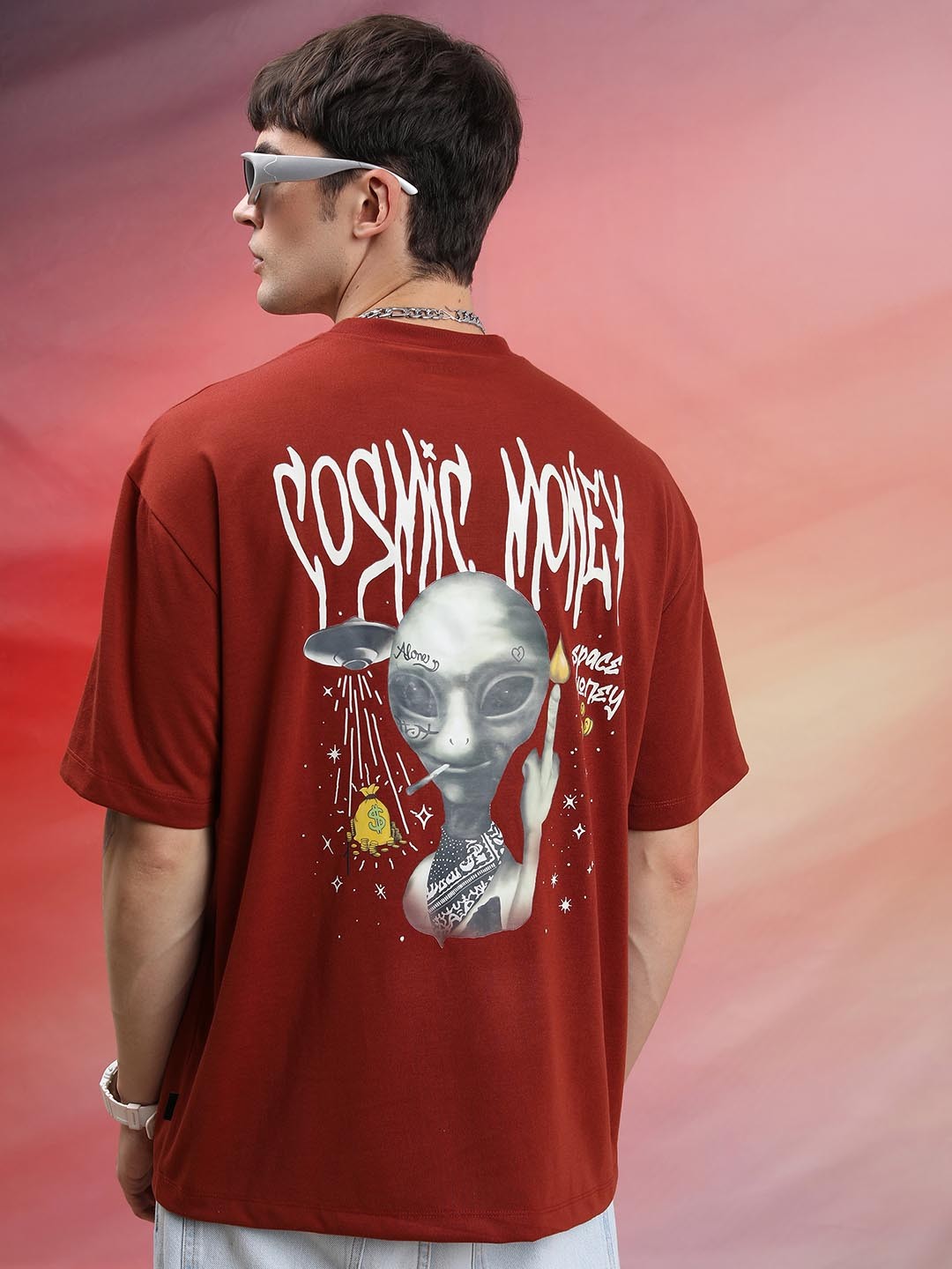 

HIGHLANDER Unisex Typography Printed Oversized T-Shirt, Red