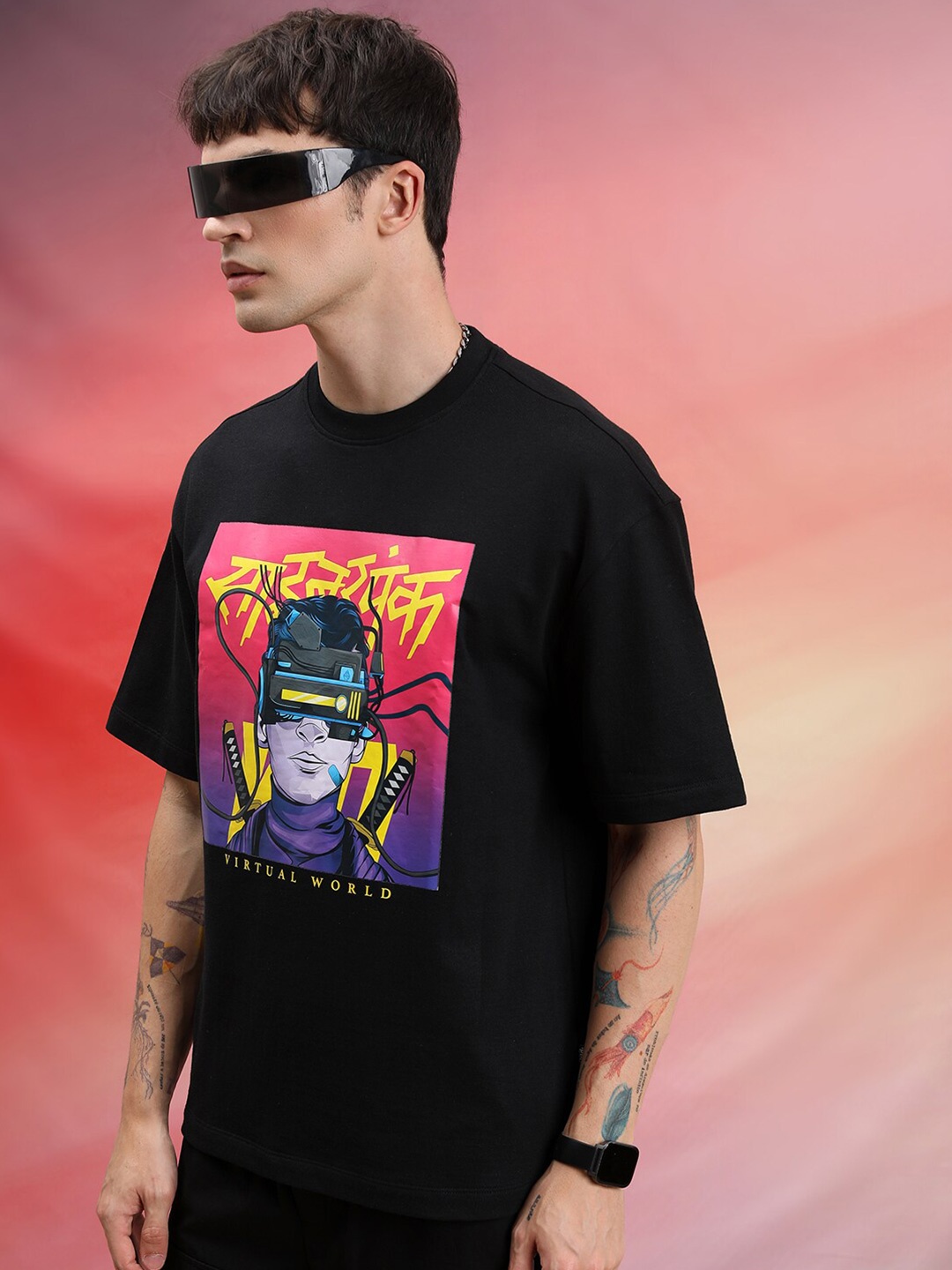 

HIGHLANDER Unisex Oversized Graphic Printed Drop Shoulder Sleeves Casual T-shirt, Black
