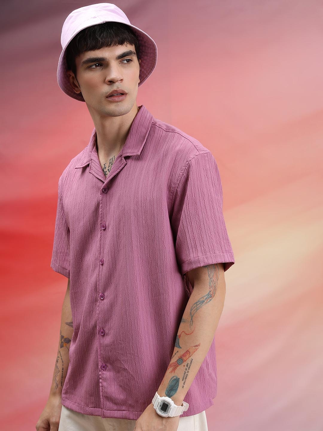

HIGHLANDER Lavender Self Design Oversized Casual Shirt
