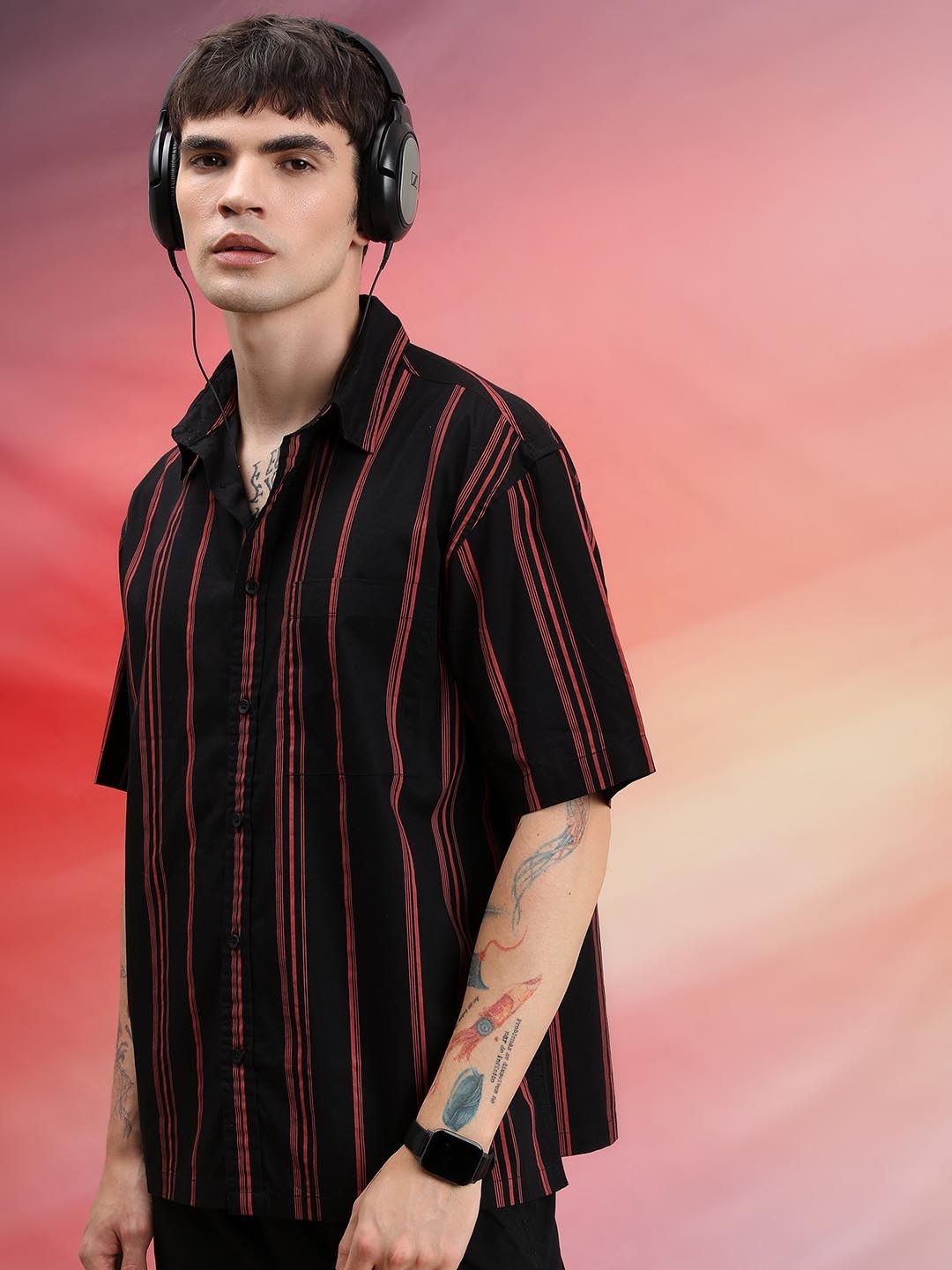 

HIGHLANDER Black Vertical Striped Twill Oversized Cotton Casual Shirt