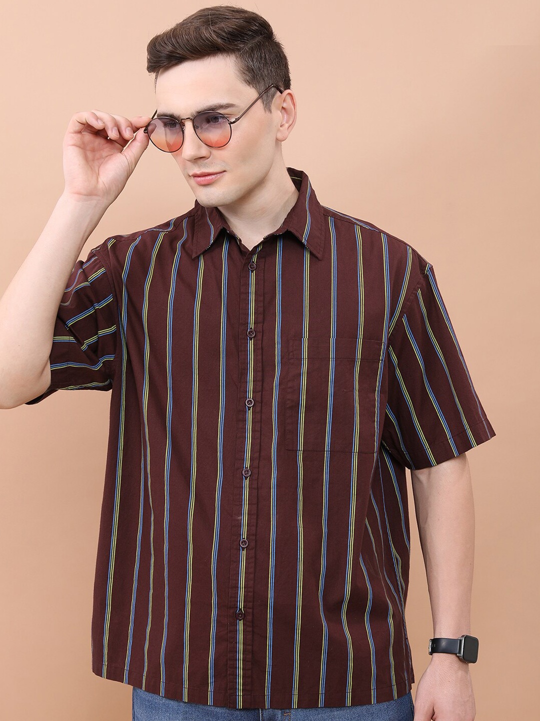 

HIGHLANDER Coffee Brown Vertical Stripes Spread Collar Cotton Oversized Casual Shirt