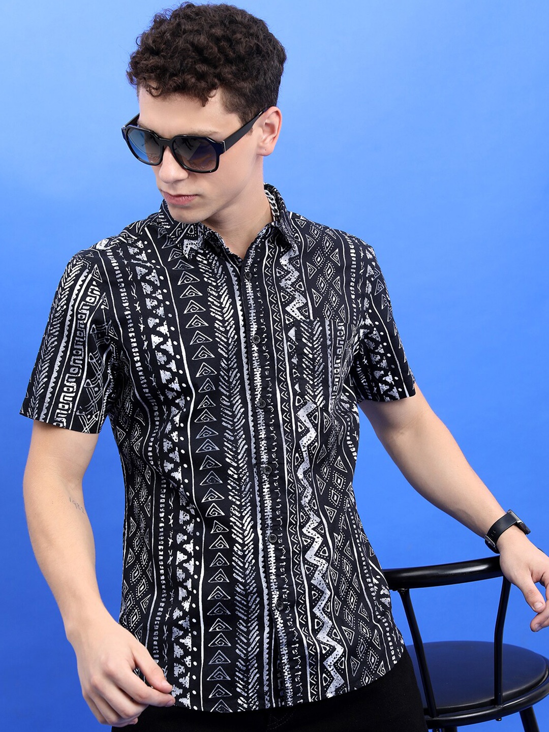 

HIGHLANDER Black Ethnic Motifs Printed Spread Collar Cotton Casual Shirt